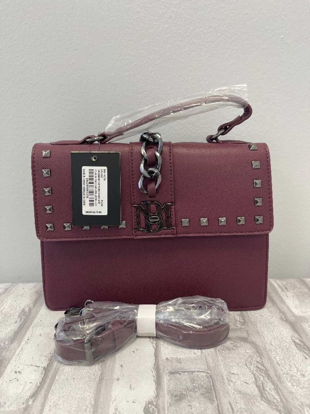 Badgley Mischka Vegan Leather Two-Way Bag in Plum w/ Tonal Studs - BM-4179 - NWT